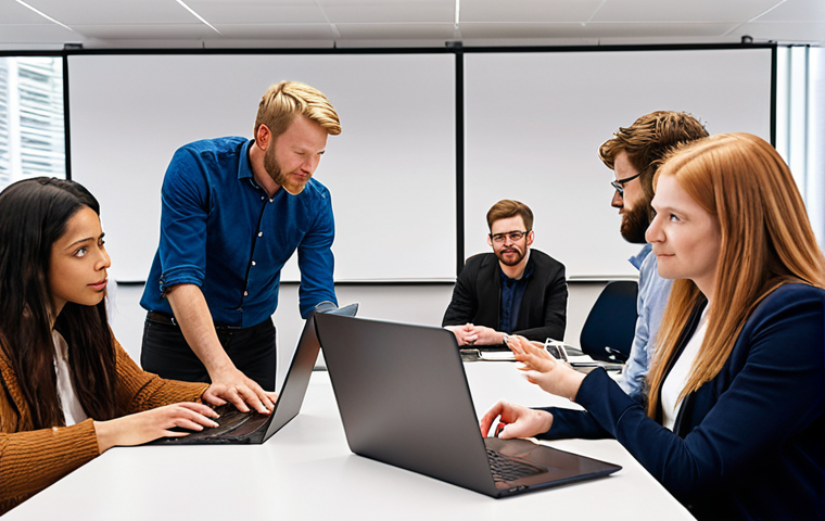 **Image:** A diverse group of Dutch professionals collaborating in a modern office, participating in a workshop. Focus on teamwork, communication, and lifelong learning, with laptops and online learning platforms visible in the background. The atmosphere should be collaborative and forward-thinking.